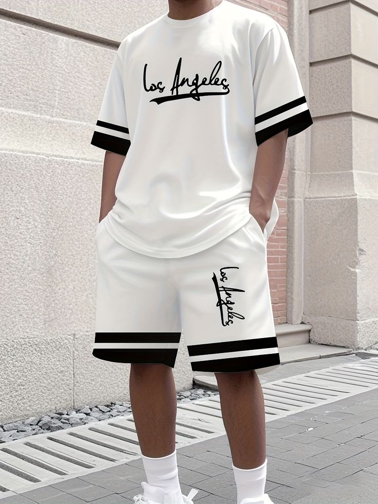 2025 Summer New 3D striped letter Print Men's Casual short-sleeved T-shirt and shorts Set Adult